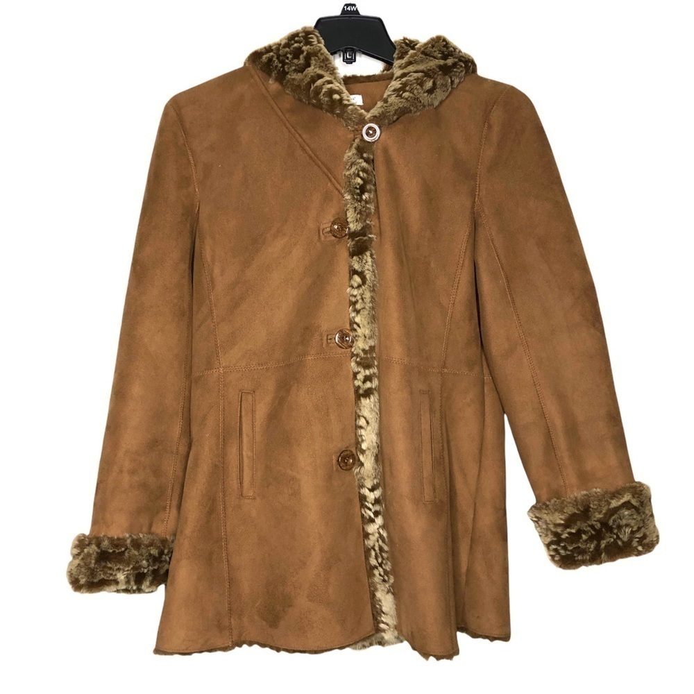 Coldwater CREEK Faux Fur-Lined Hooded Winter Faux Suede Coat - Size 8 - Like New